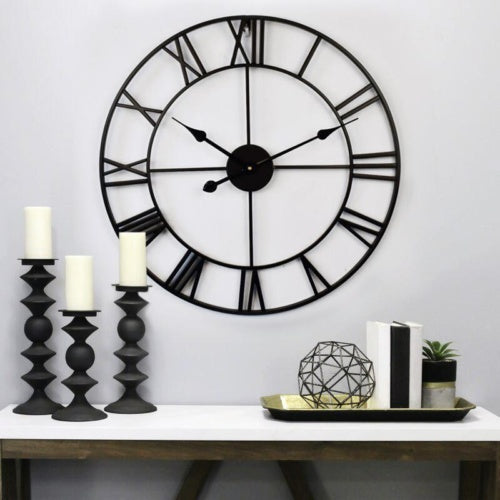 60CM Large Skeleton Metal Roman Wall Clock Big Numerals Giant Open Round Face