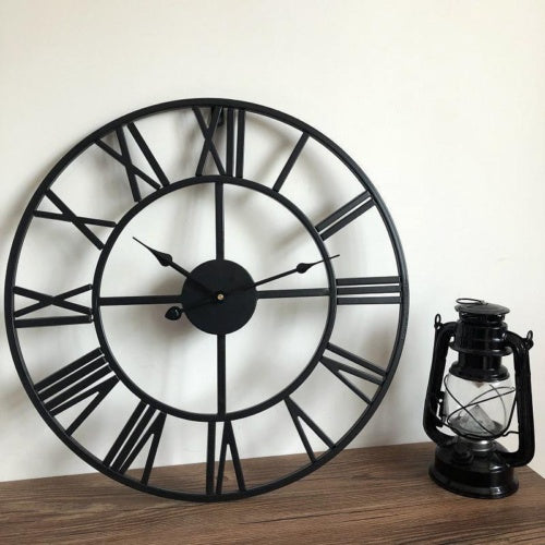 60CM Large Skeleton Metal Roman Wall Clock Big Numerals Giant Open Round Face