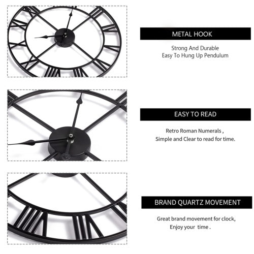 60CM Large Skeleton Metal Roman Wall Clock Big Numerals Giant Open Round Face