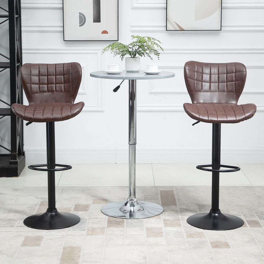 Set of 2 Adjustable Height Swivel Bar Chairs in PU Leather with Backrest Brown