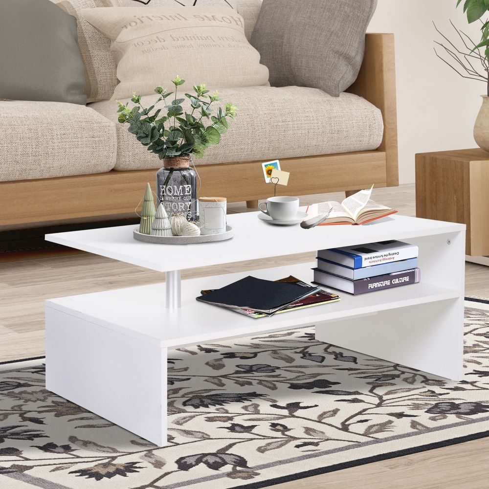 2-Tier Coffee Table Side/End Table Modern Rectangular Design White