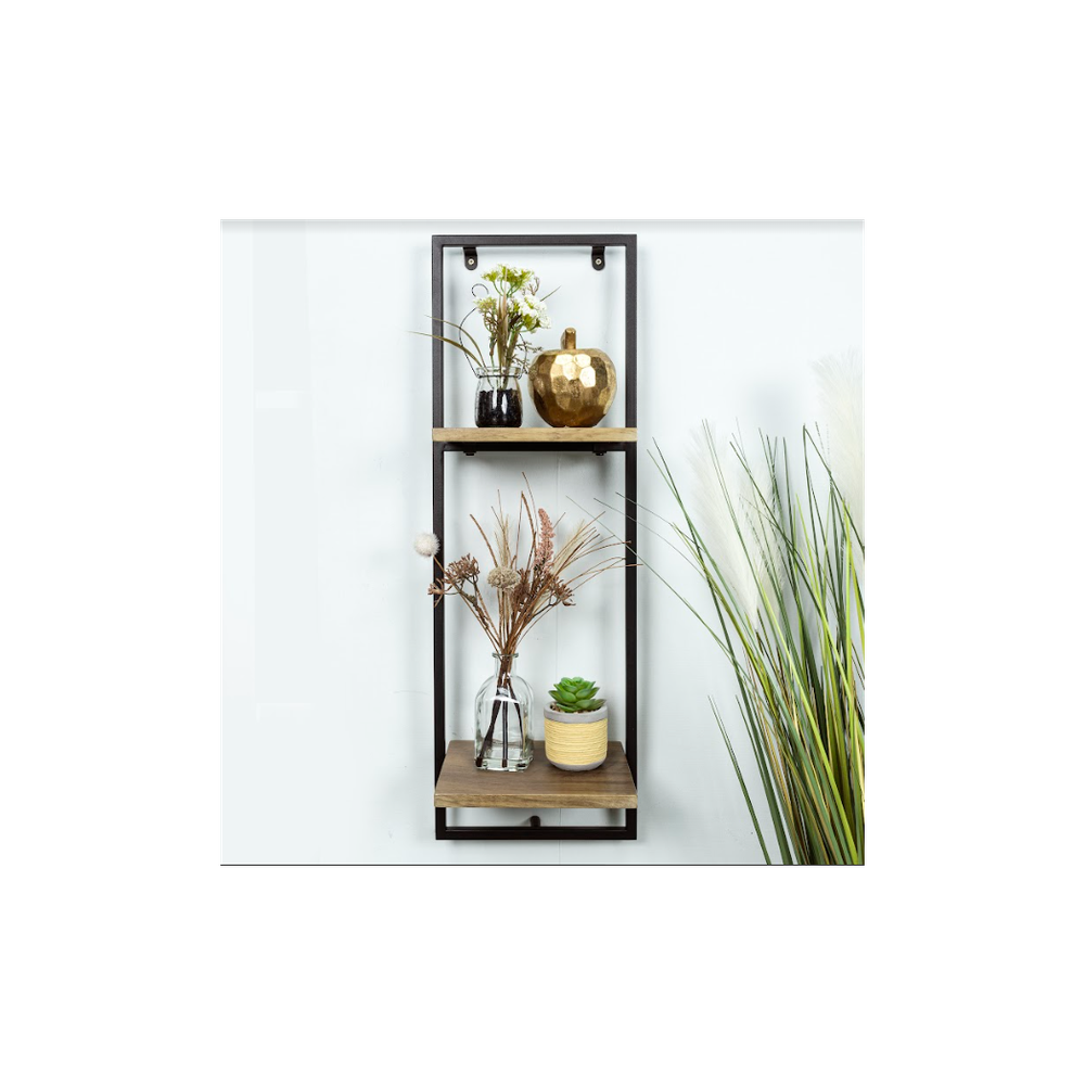 Narrow 2 Tier Dark OAK Floating Wall Shelf with Black Frame - PARGI