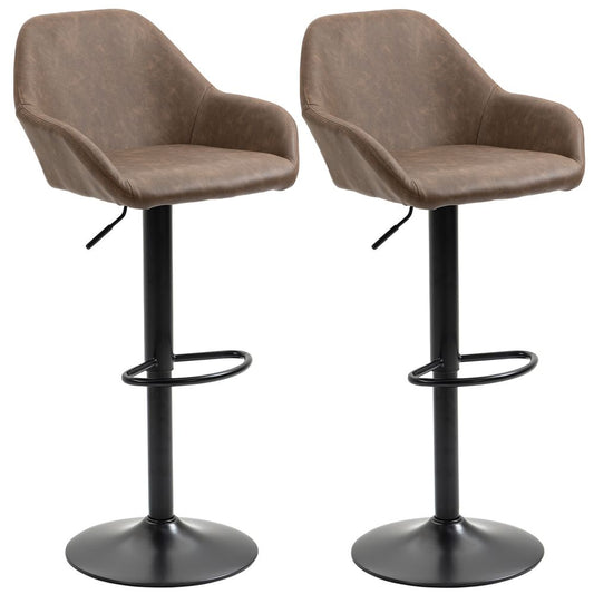 Set of 2, Swivel Barstools Footrest Backrest, PU Leather and Steel Brown