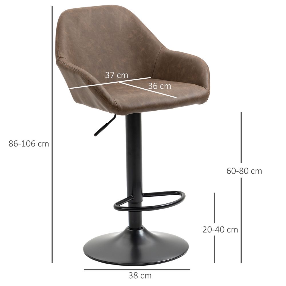 Set of 2, Swivel Barstools Footrest Backrest, PU Leather and Steel Brown