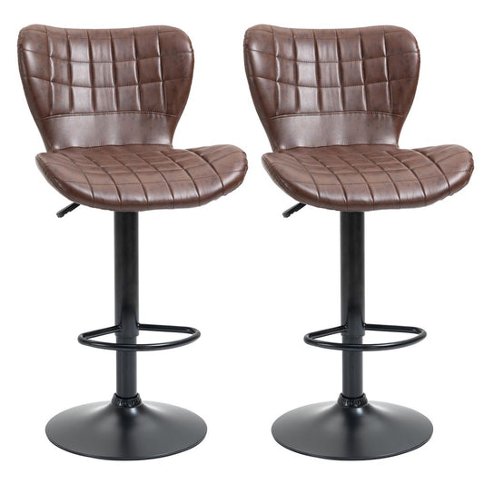 Set of 2 Adjustable Height Swivel Bar Chairs in PU Leather with Backrest Brown