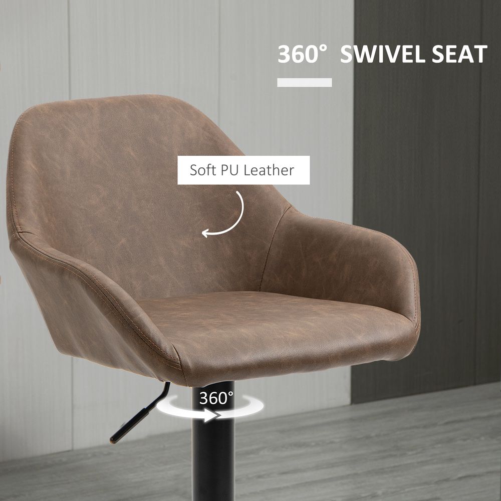 Set of 2, Swivel Barstools Footrest Backrest, PU Leather and Steel Brown