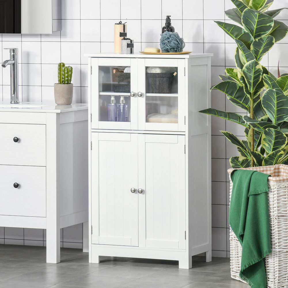 Bathroom Floor Storage Cabinet with Tempered Glass Doors White