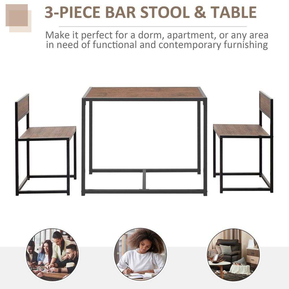 Steel Frame MDF 2-Seater Bar Stool and Table Set Wood Tone