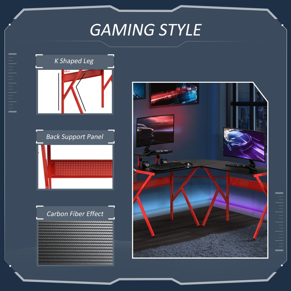 Gaming Desk L-ShapedPC Workstations Monitor Stand 49.25" x 49.25" x 29.5" Red