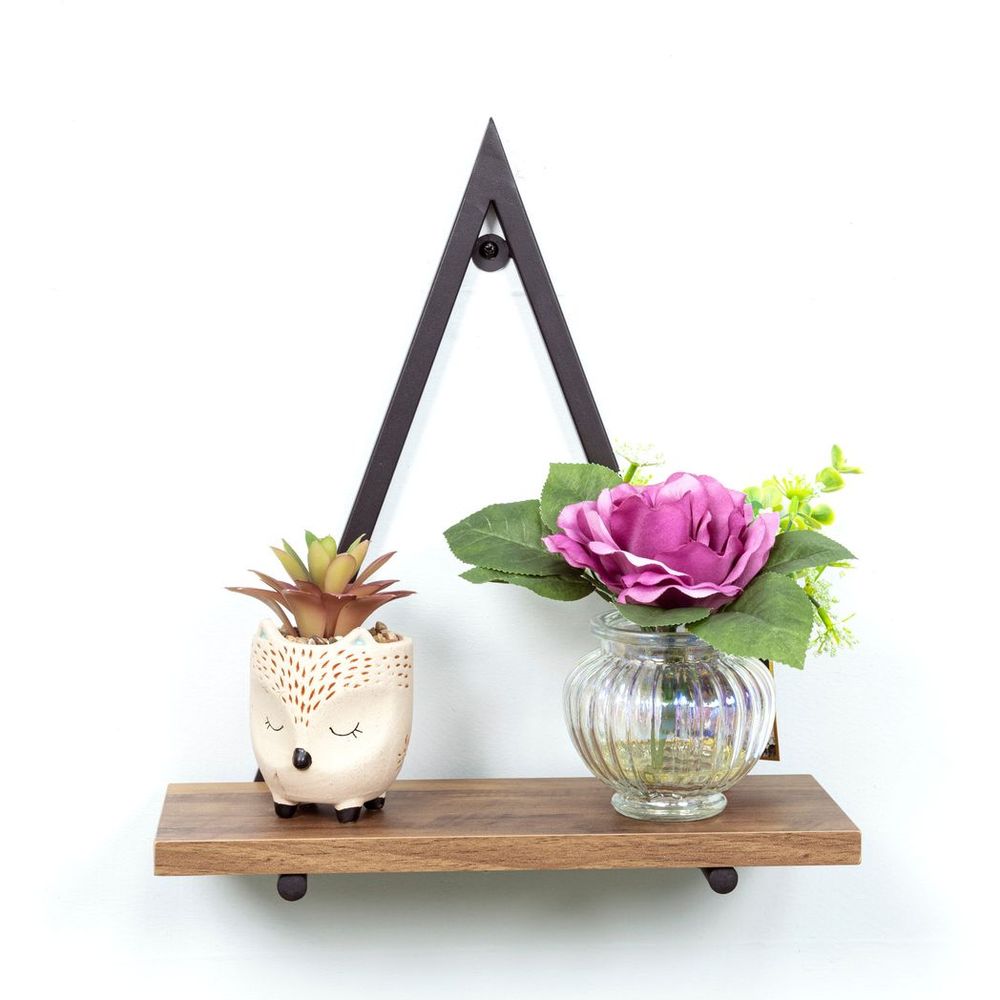 Dark OAK Triangle Wall Shelf with Black Metal Frame