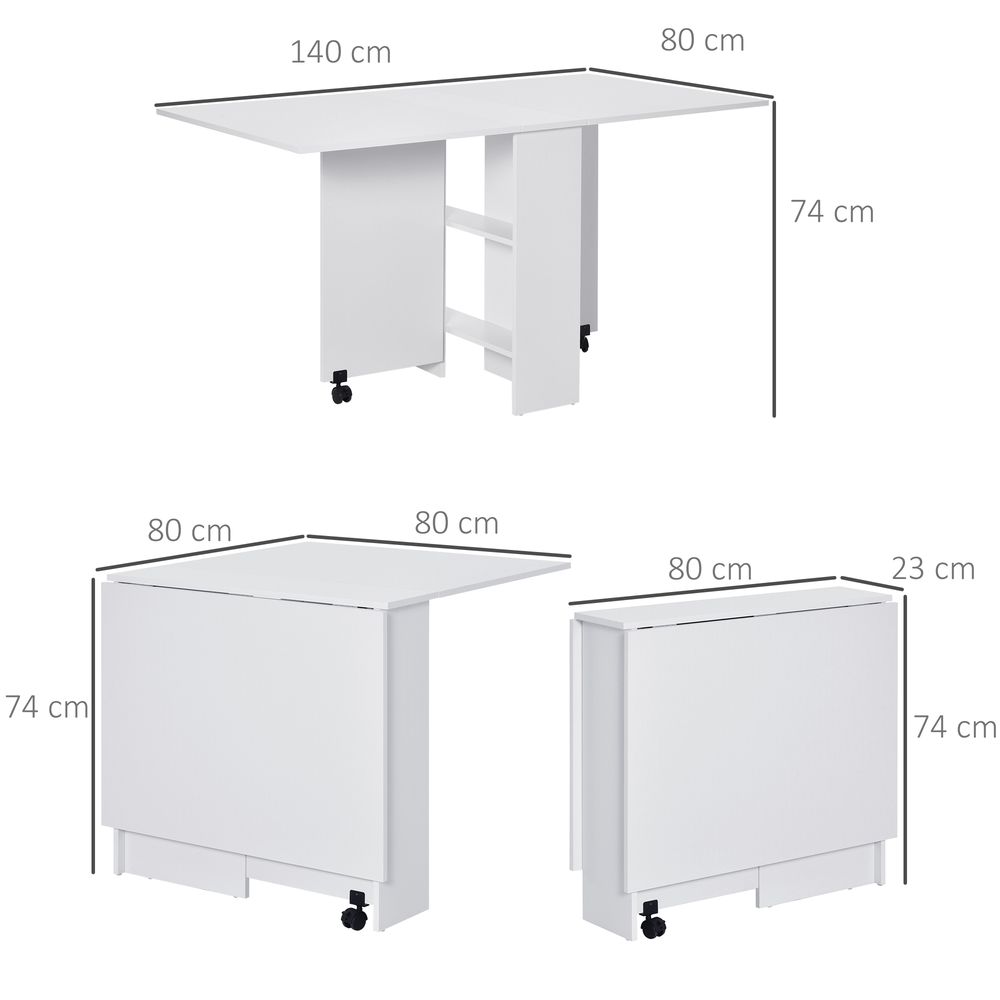 Kitchen Folding Desk Mobile Drop Leaf Dining Table Wheel Storage Shelves White