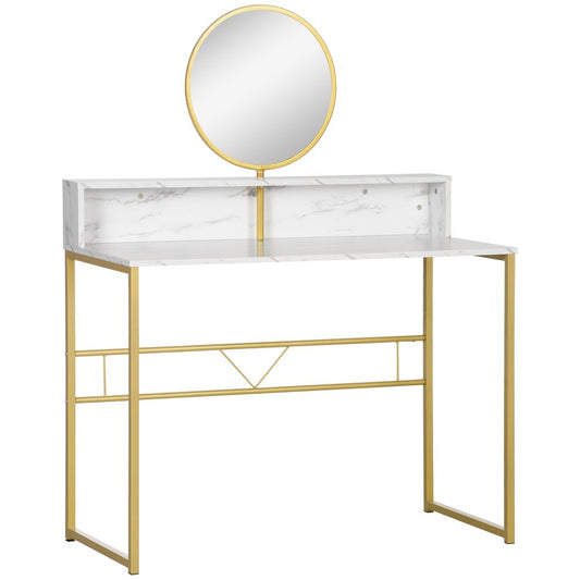 Dressing Table with Round Mirror, Vanity Makeup Desk Faux Marble Texture White