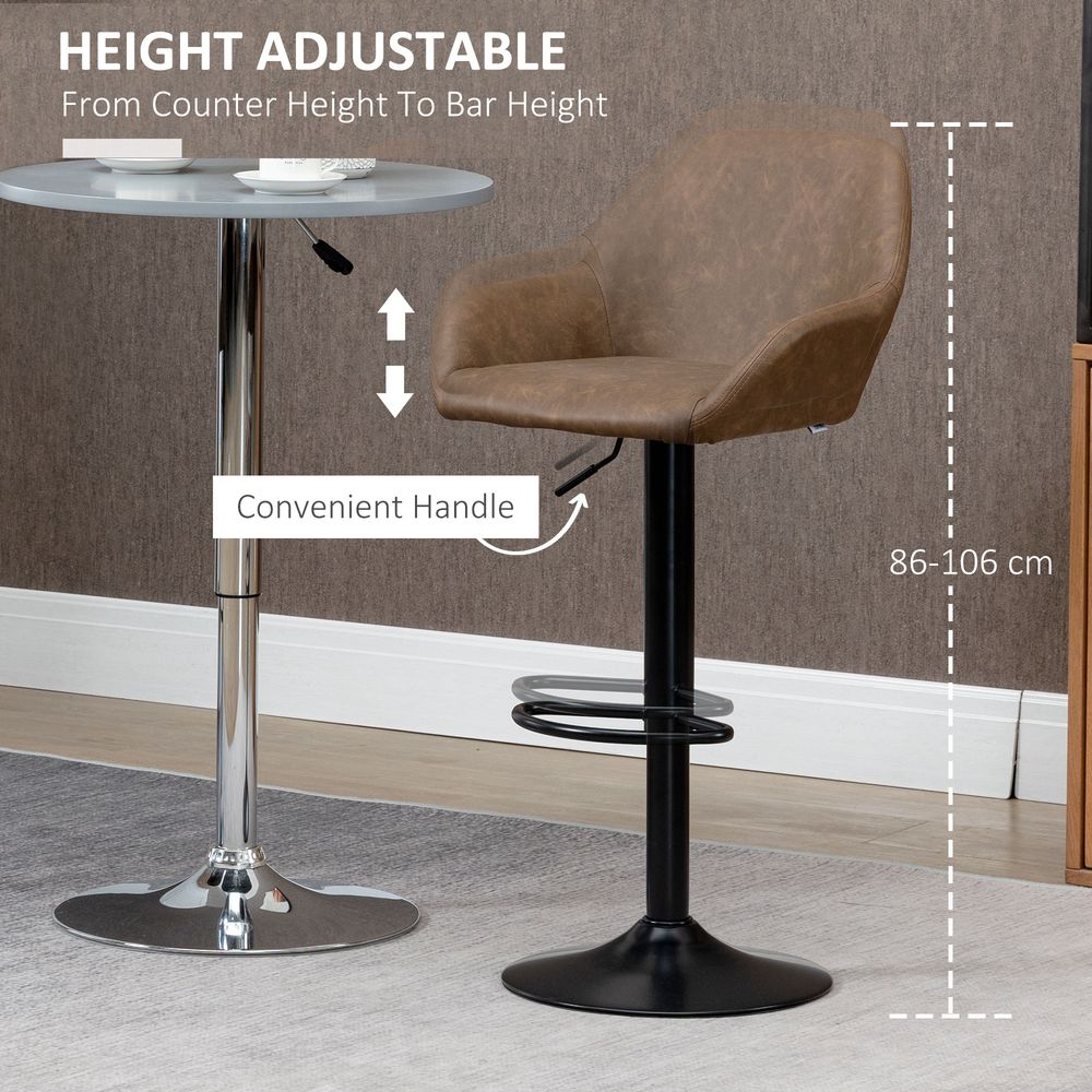 Set of 2, Swivel Barstools Footrest Backrest, PU Leather and Steel Brown