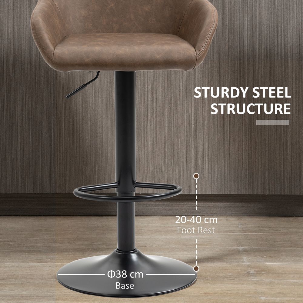 Set of 2, Swivel Barstools Footrest Backrest, PU Leather and Steel Brown