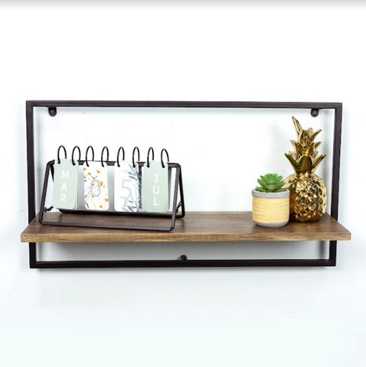 Wide Dark OAK Floating Wall Shelf with Black Frame - PARGI