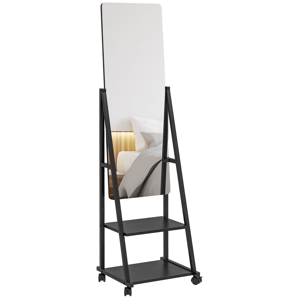 HOMCOM Movable Full Length Mirror Adjustable Full Body Mirror with 2 Shelves