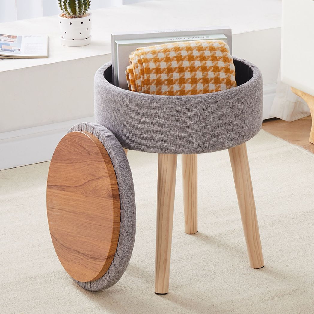 Storage Ottoman Linen Round Vanity Stool Tray Top Modern Foot Stool with Wood Legs Multifunctional Upholstered Foot Ottoman Rest for Living Room, Bathroom, Makeup Grey