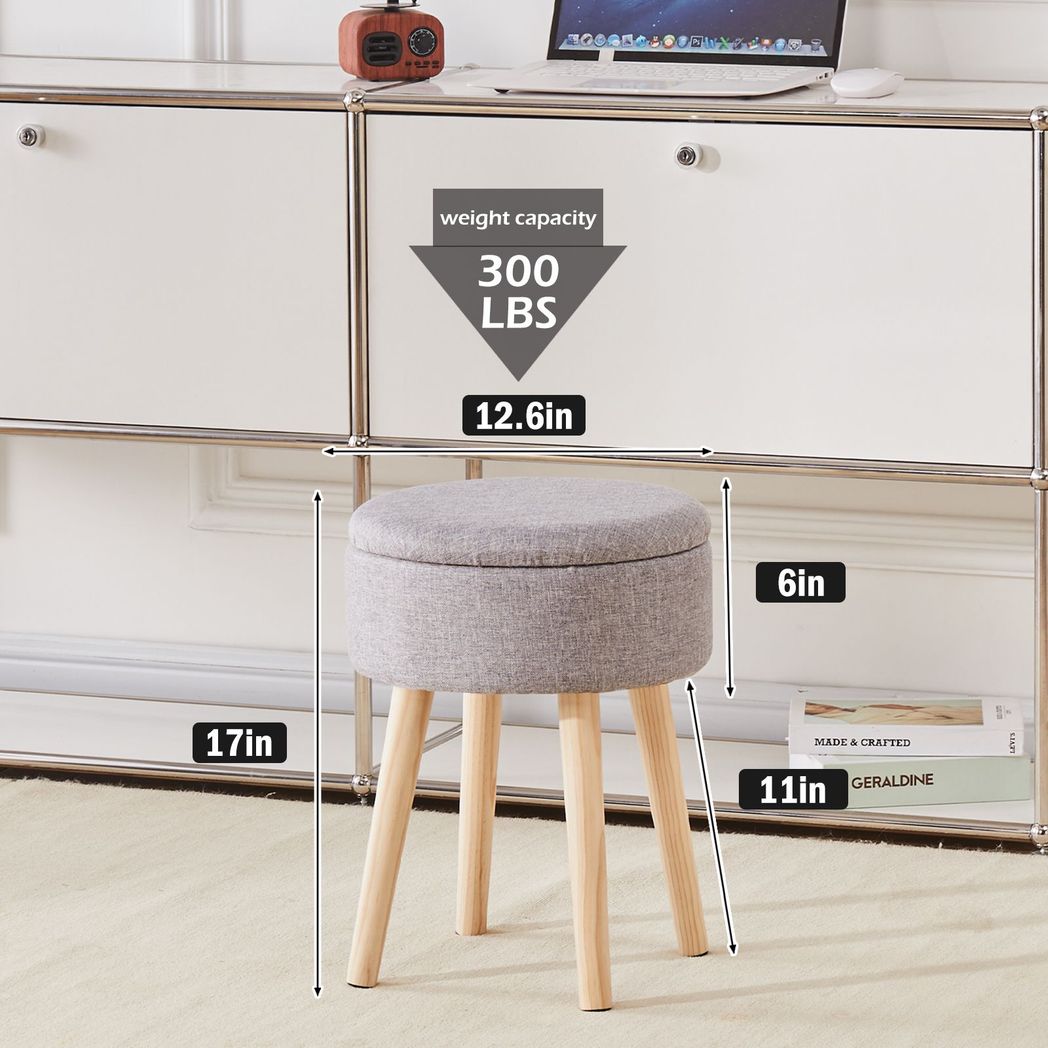 Storage Ottoman Linen Round Vanity Stool Tray Top Modern Foot Stool with Wood Legs Multifunctional Upholstered Foot Ottoman Rest for Living Room, Bathroom, Makeup Grey