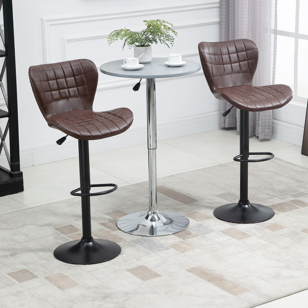 Set of 2 Adjustable Height Swivel Bar Chairs in PU Leather with Backrest Brown