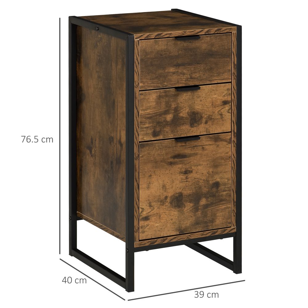 Industrial 3-Drawer Storage Chest Metal Frame Freestanding Unit Brown