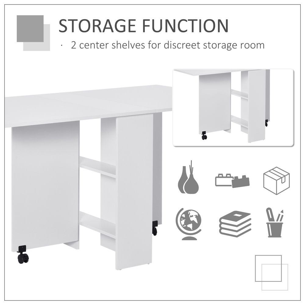 Kitchen Folding Desk Mobile Drop Leaf Dining Table Wheel Storage Shelves White