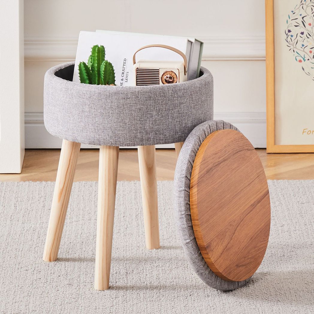 Storage Ottoman Linen Round Vanity Stool Tray Top Modern Foot Stool with Wood Legs Multifunctional Upholstered Foot Ottoman Rest for Living Room, Bathroom, Makeup Grey