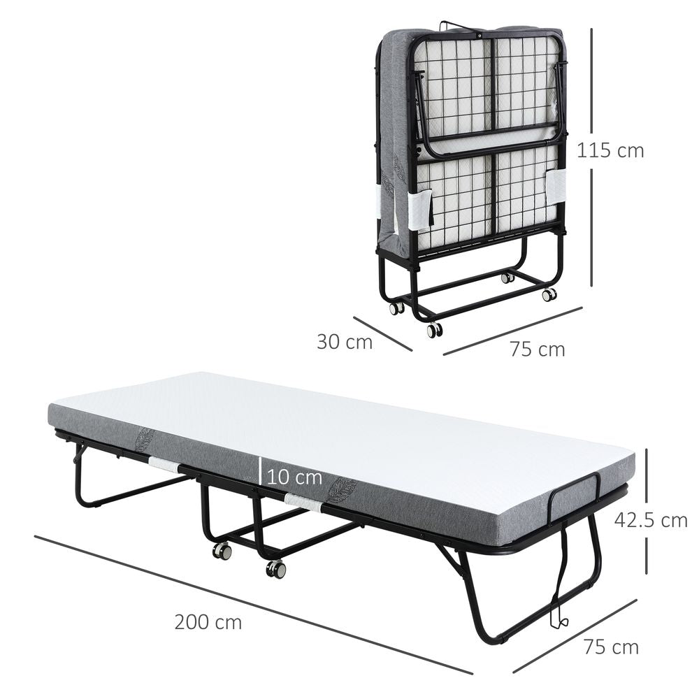 Folding Bed with 10cm Mattress, Portable Foldable Guest Bed Metal Frame