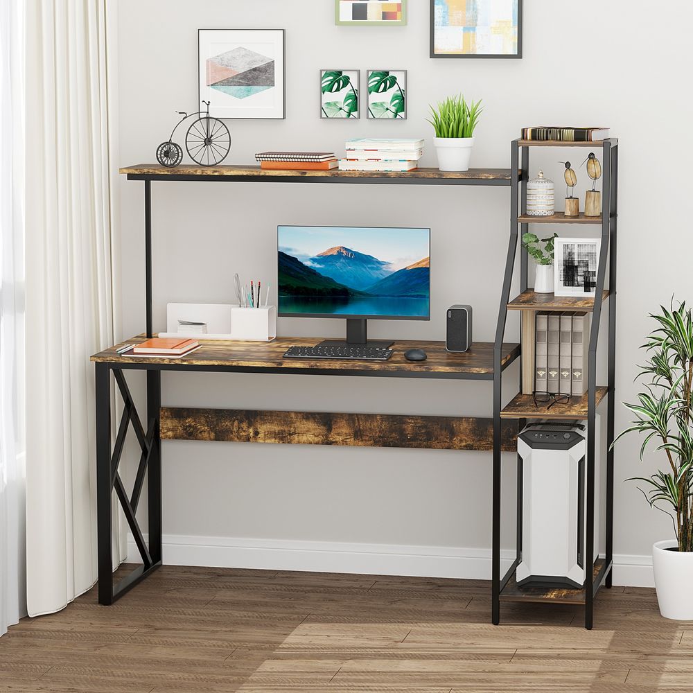 Computer Desk 6 Tier Storage Industrial Workstation Rustic