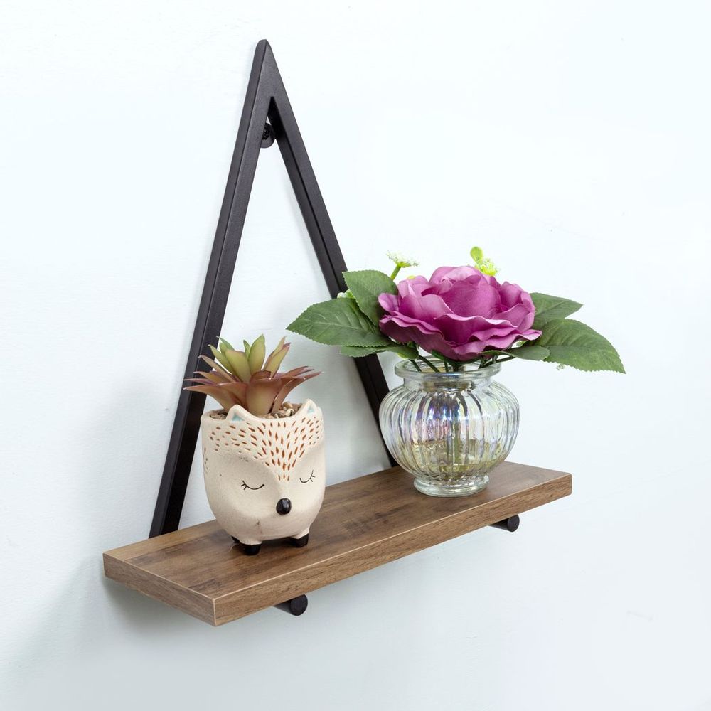 Dark OAK Triangle Wall Shelf with Black Metal Frame