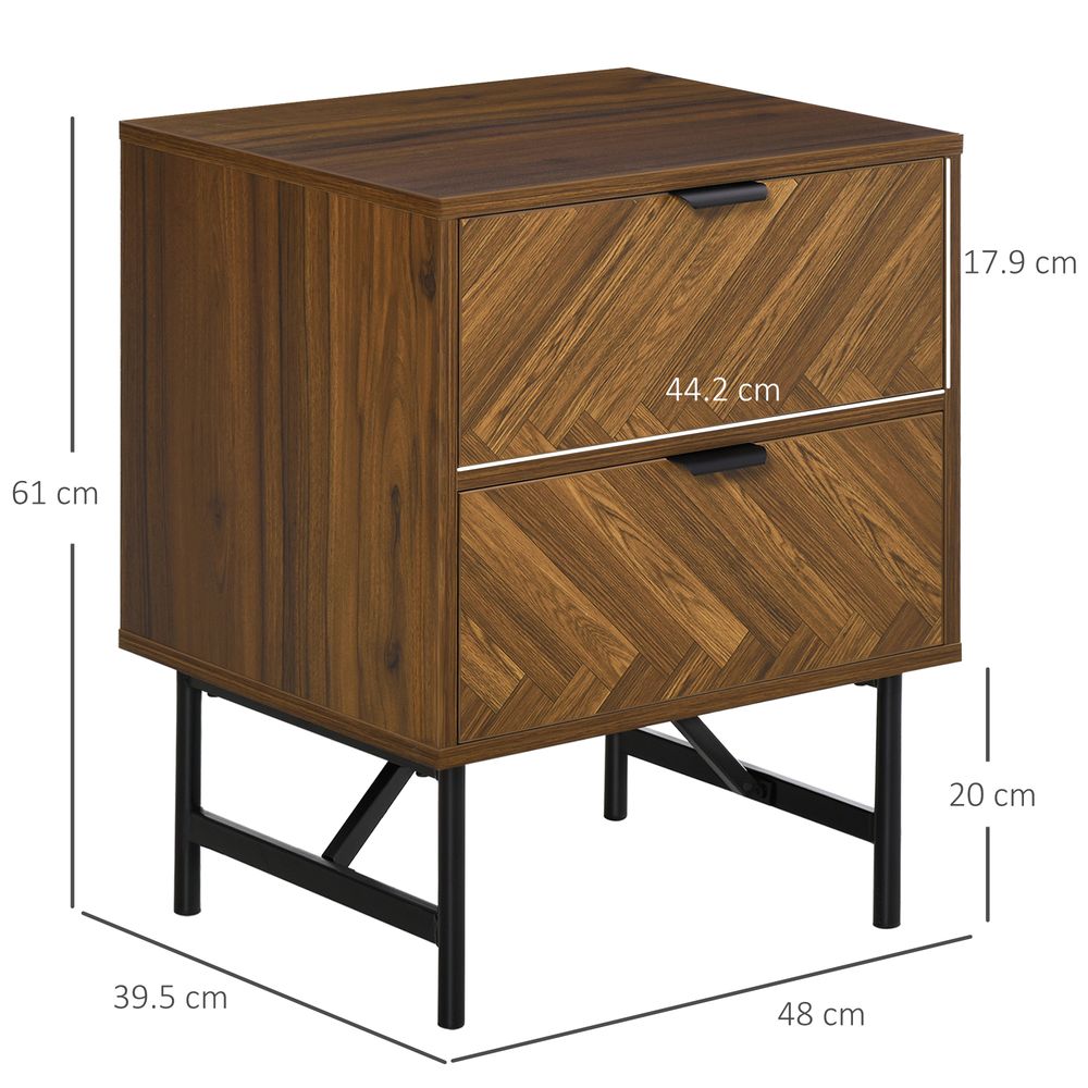 Side Cabinetwith 2 Storage Drawer Unit Herringbone Pattern, Walnut Brown