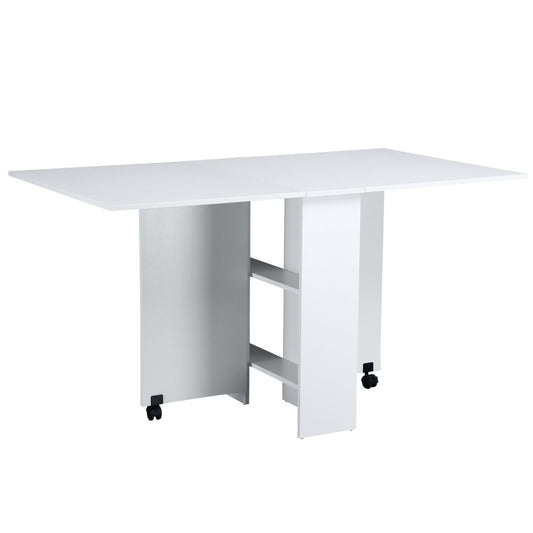 Kitchen Folding Desk Mobile Drop Leaf Dining Table Wheel Storage Shelves White