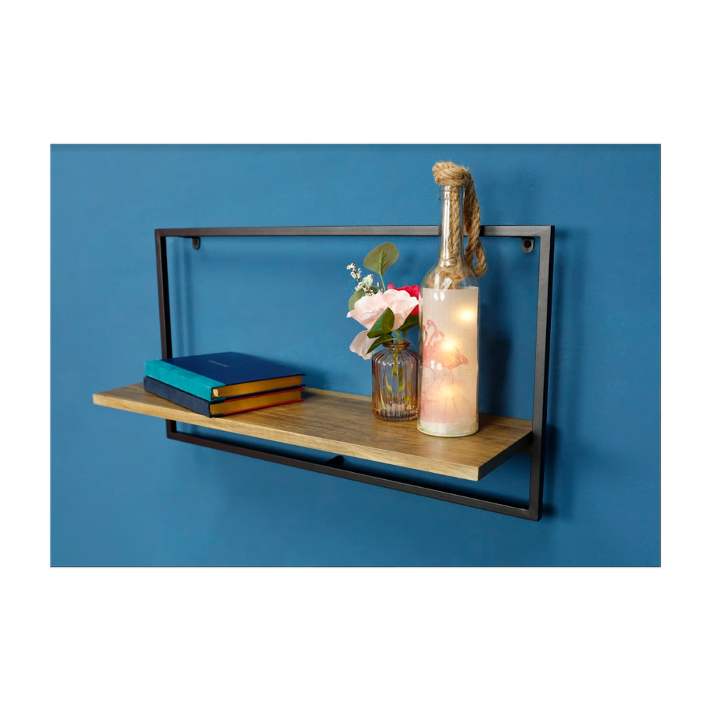 Wide Dark OAK Floating Wall Shelf with Black Frame - PARGI