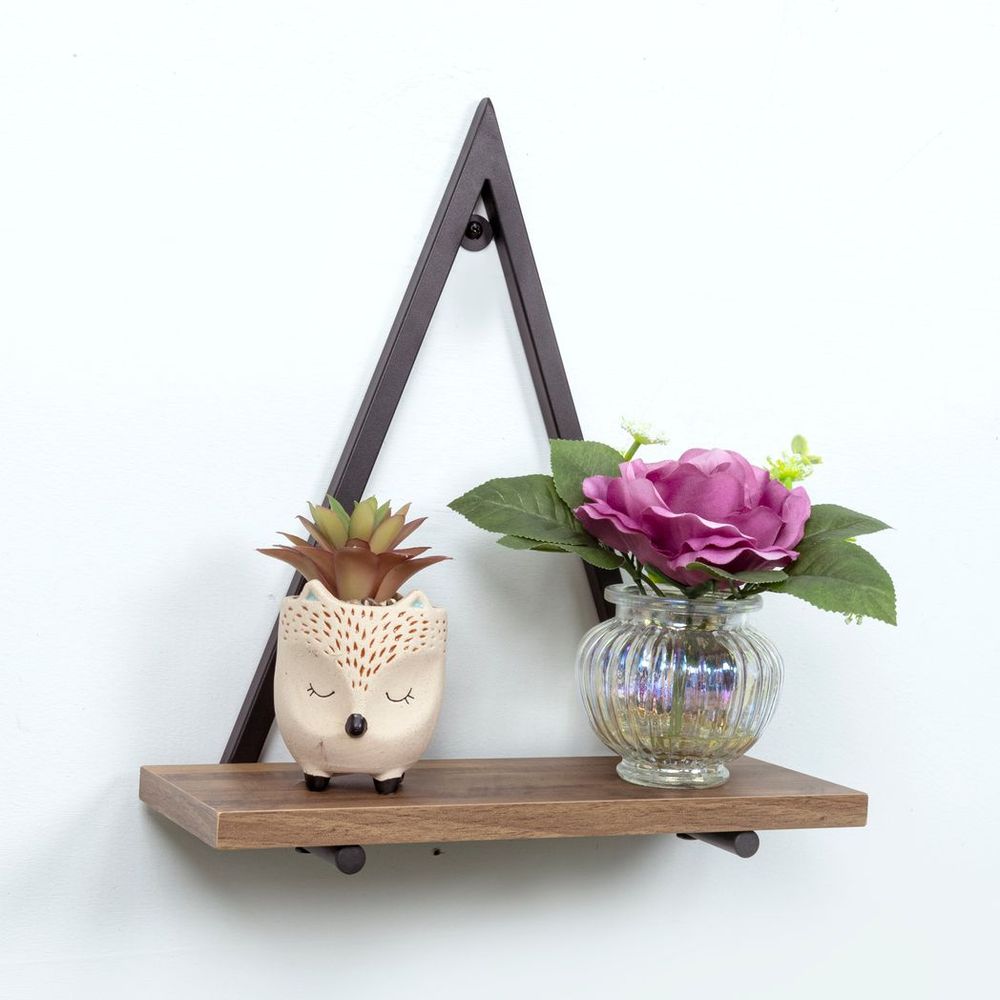 Dark OAK Triangle Wall Shelf with Black Metal Frame