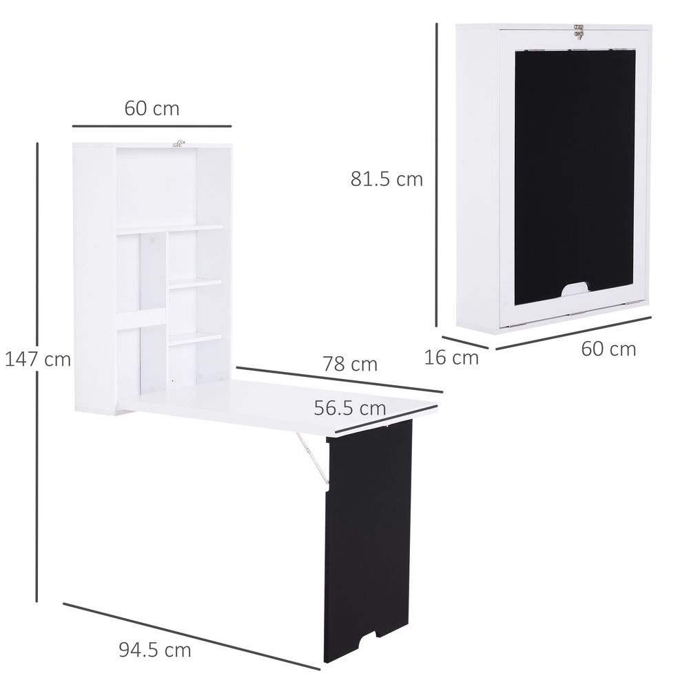 MDF Folding Wall-Mounted Drop-Leaf Table with Chalkboard Shelf White