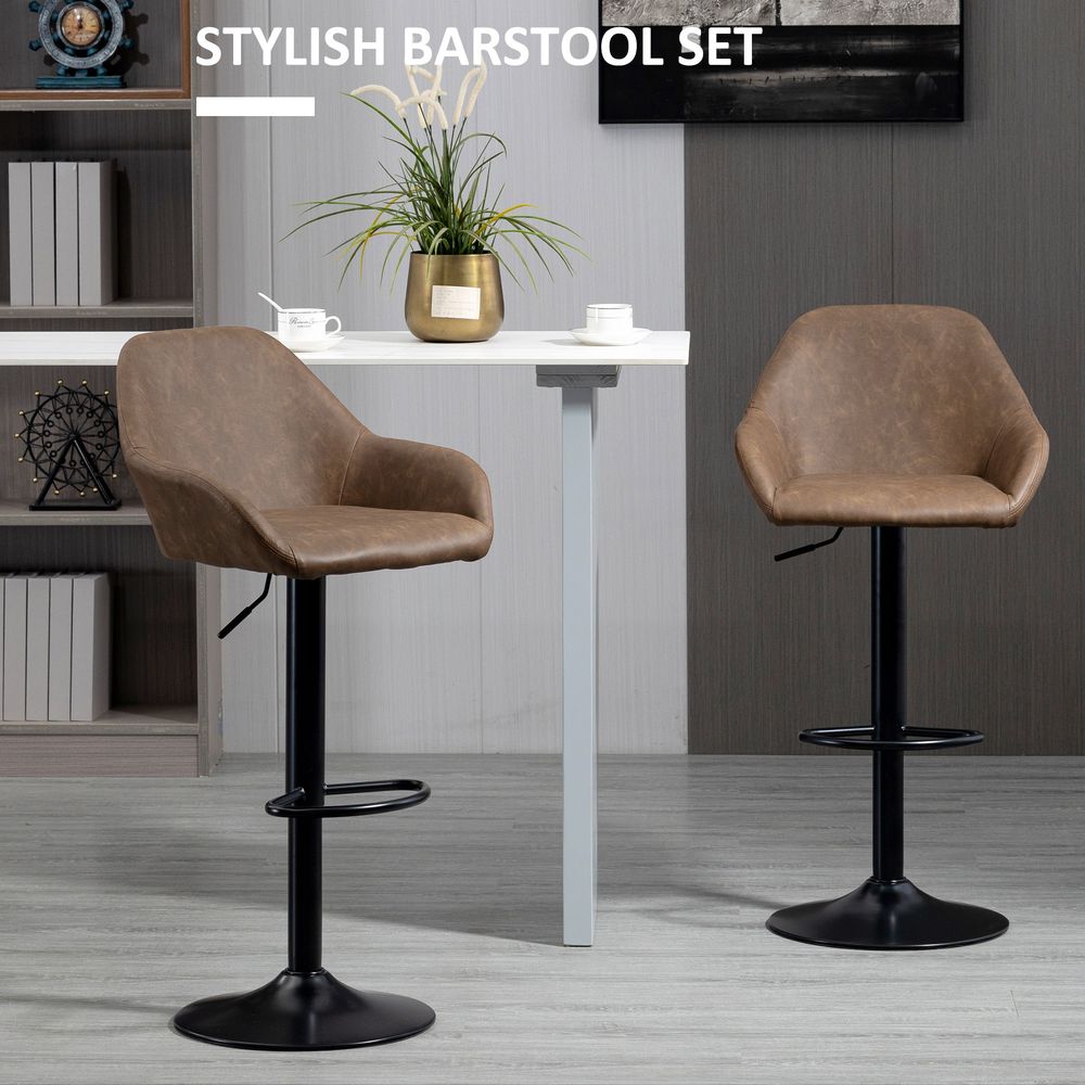 Set of 2, Swivel Barstools Footrest Backrest, PU Leather and Steel Brown