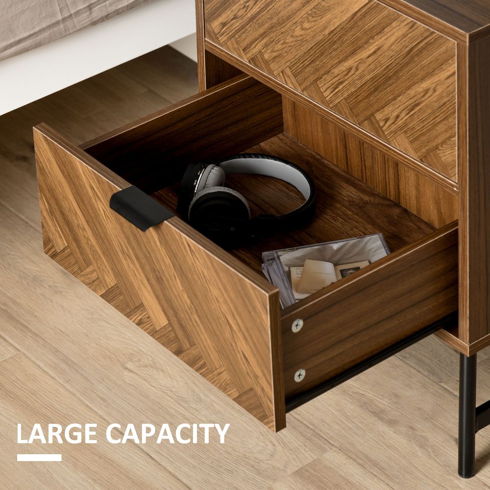 Side Cabinetwith 2 Storage Drawer Unit Herringbone Pattern, Walnut Brown