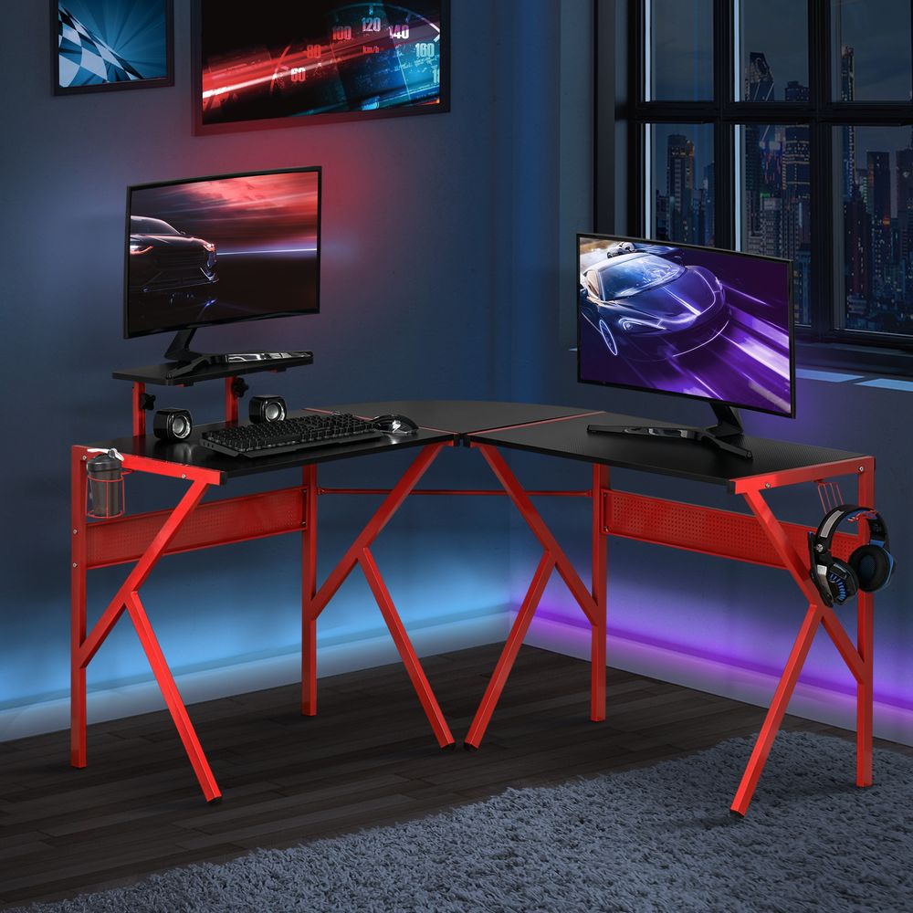 Gaming Desk L-ShapedPC Workstations Monitor Stand 49.25" x 49.25" x 29.5" Red