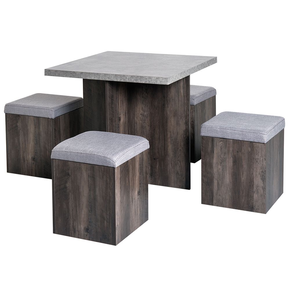 5Pcs Garden Wooden Dining Table Set Particle Removable Lid Board Chair Seat-Grey