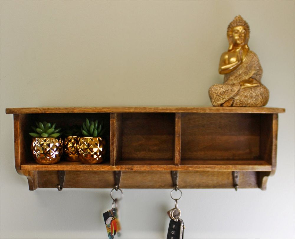 Mango Wood Wall Shelf With Storage Slots & 4 Hooks