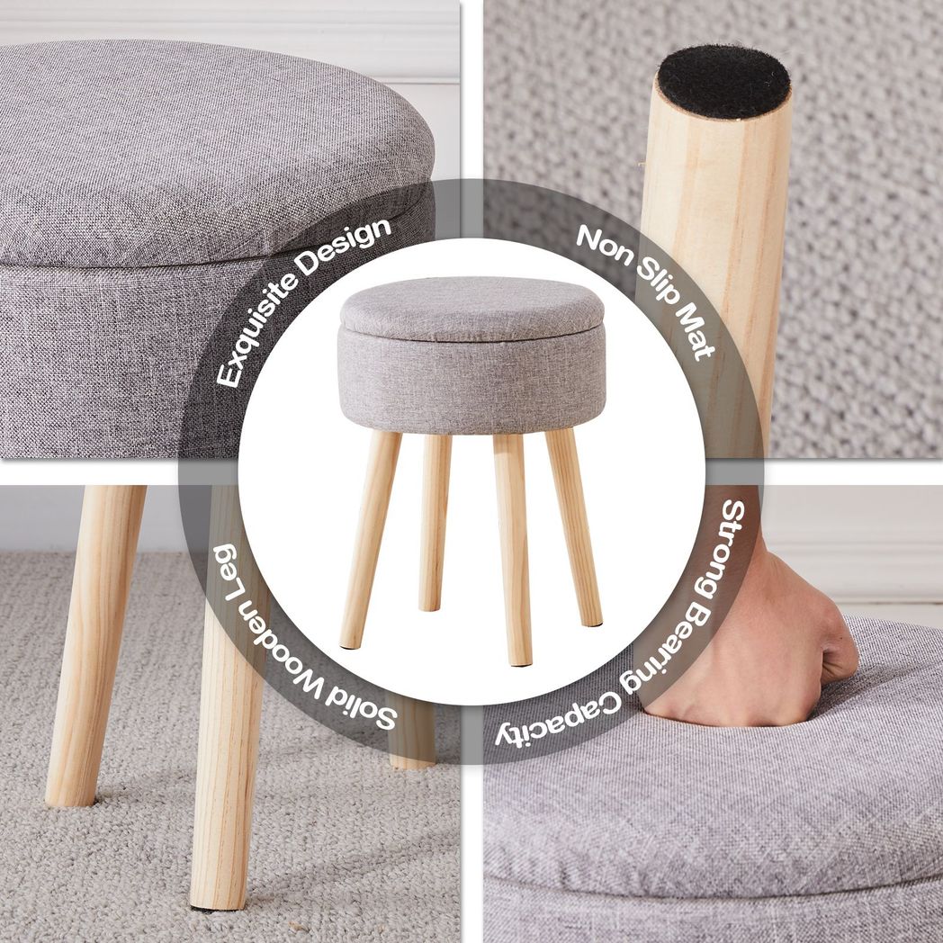 Storage Ottoman Linen Round Vanity Stool Tray Top Modern Foot Stool with Wood Legs Multifunctional Upholstered Foot Ottoman Rest for Living Room, Bathroom, Makeup Grey