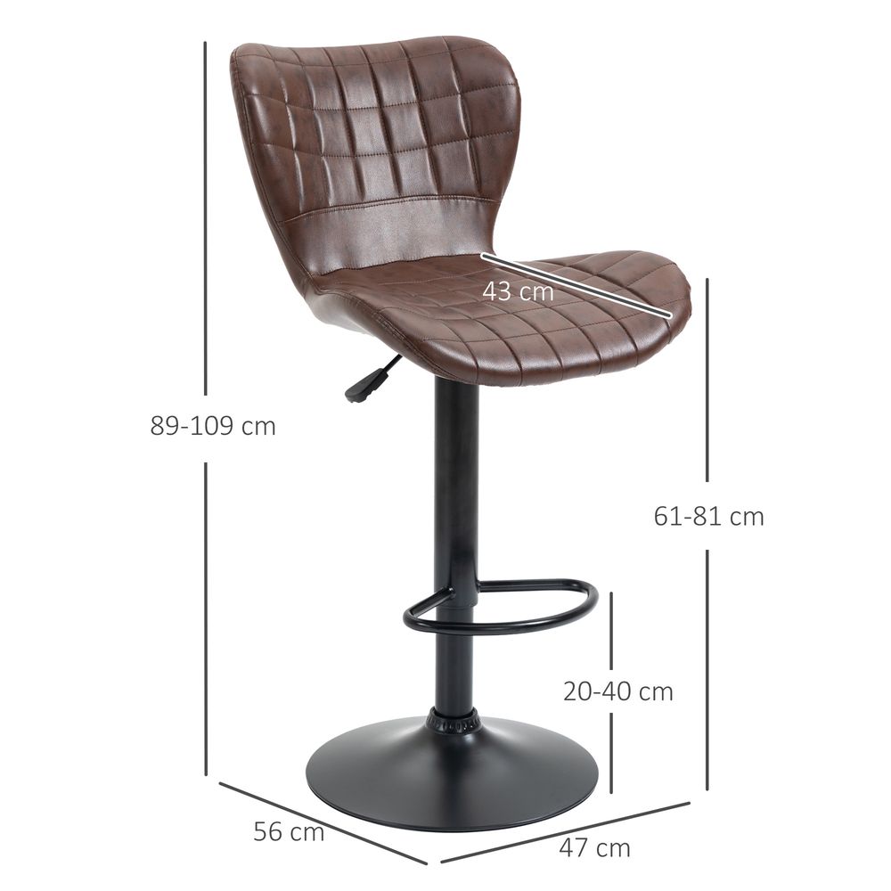 Set of 2 Adjustable Height Swivel Bar Chairs in PU Leather with Backrest Brown