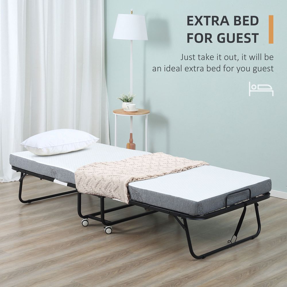 Folding Bed with 10cm Mattress, Portable Foldable Guest Bed Metal Frame