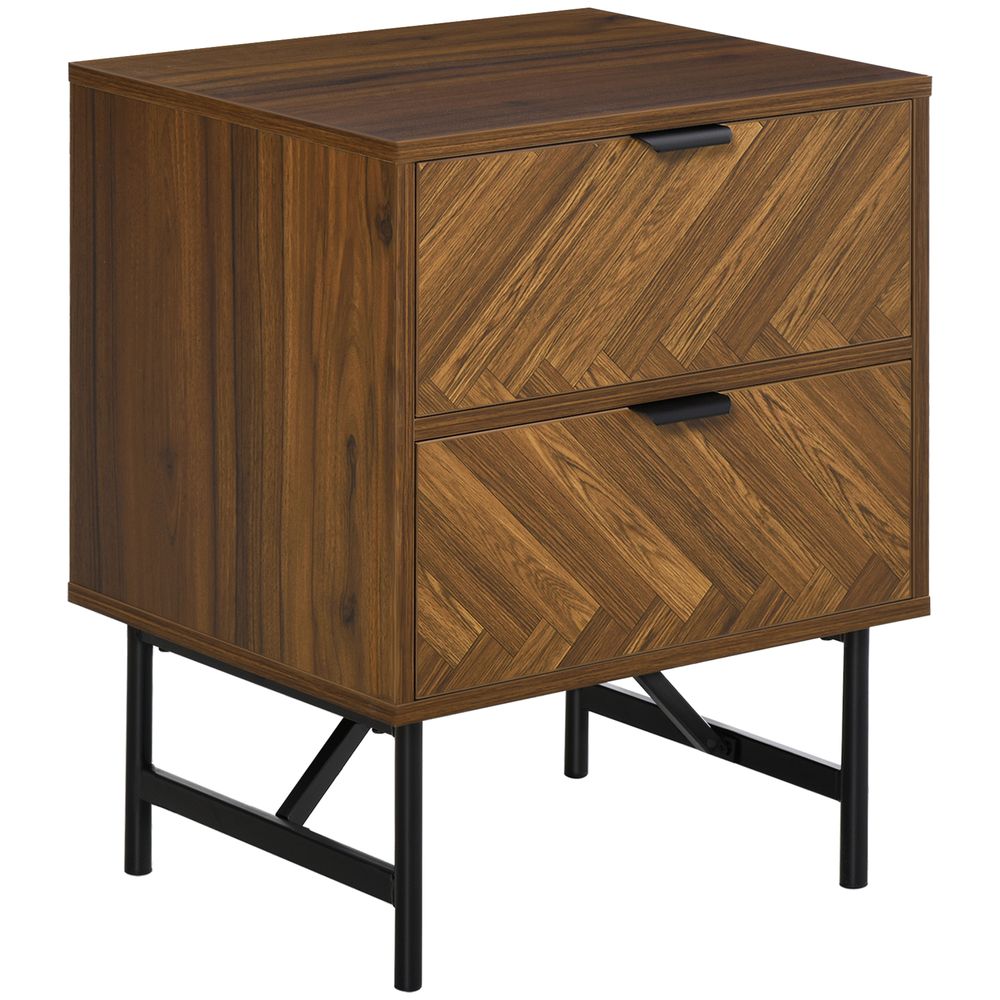 Side Cabinetwith 2 Storage Drawer Unit Herringbone Pattern, Walnut Brown