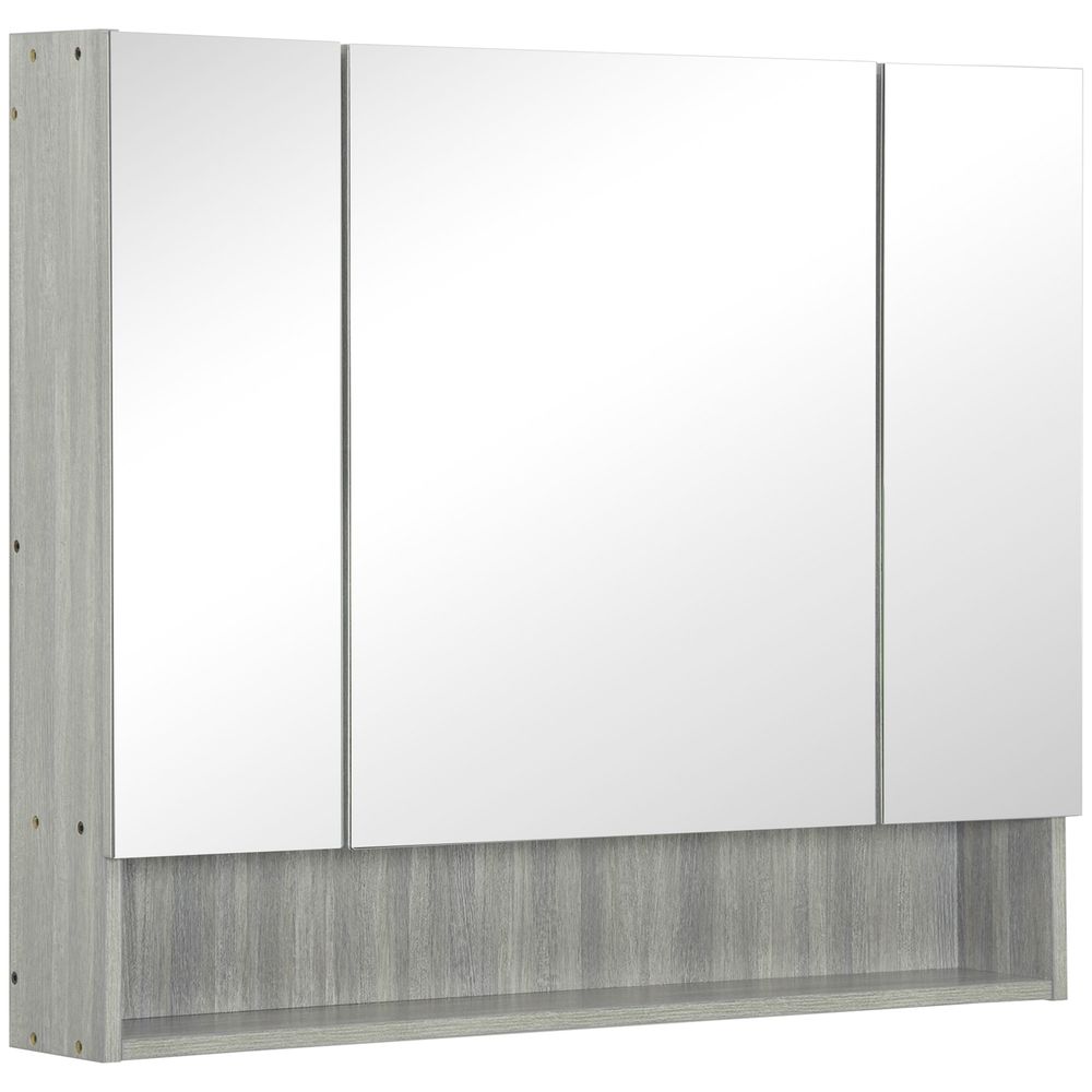 kleankin Bathroom Mirror Cabinet, Wall Mounted 3 Doors and Cupboards, Grey