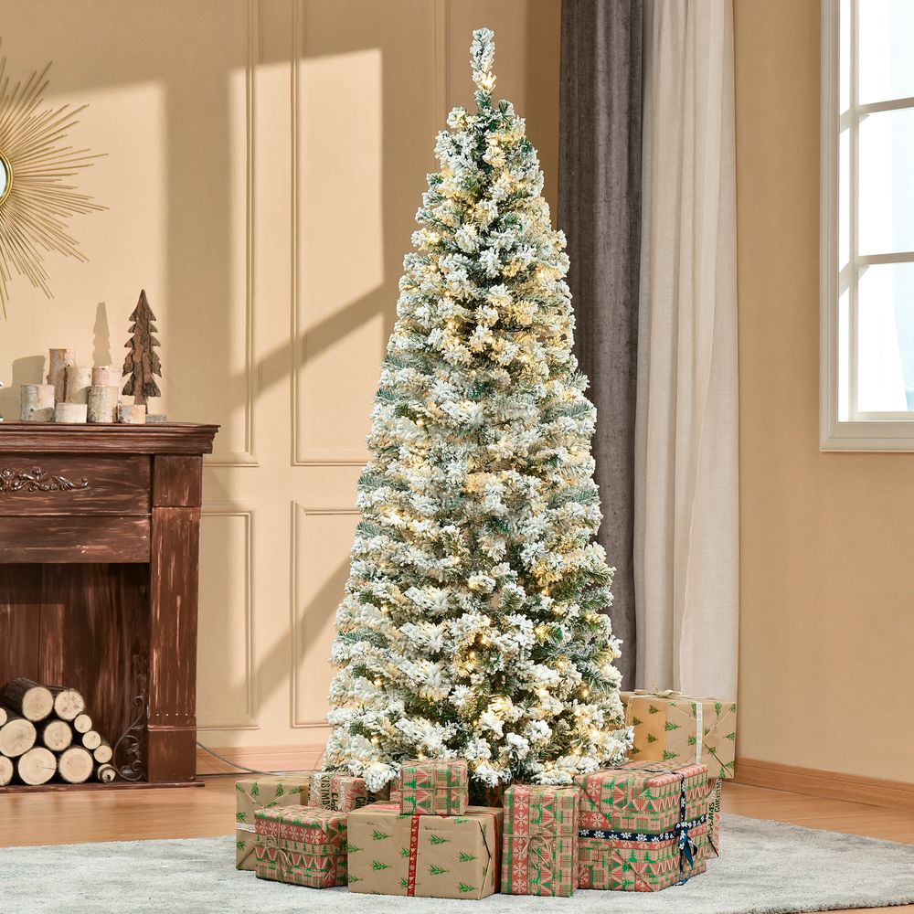 6 Feet Prelit Artificial Snow Flocked Christmas Tree Warm LED Light Green White