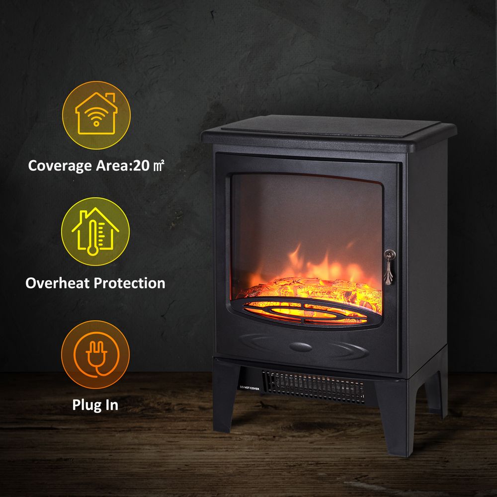 Electric Heater Freestanding Fireplace Artificial Flame Tempered Glass Casing