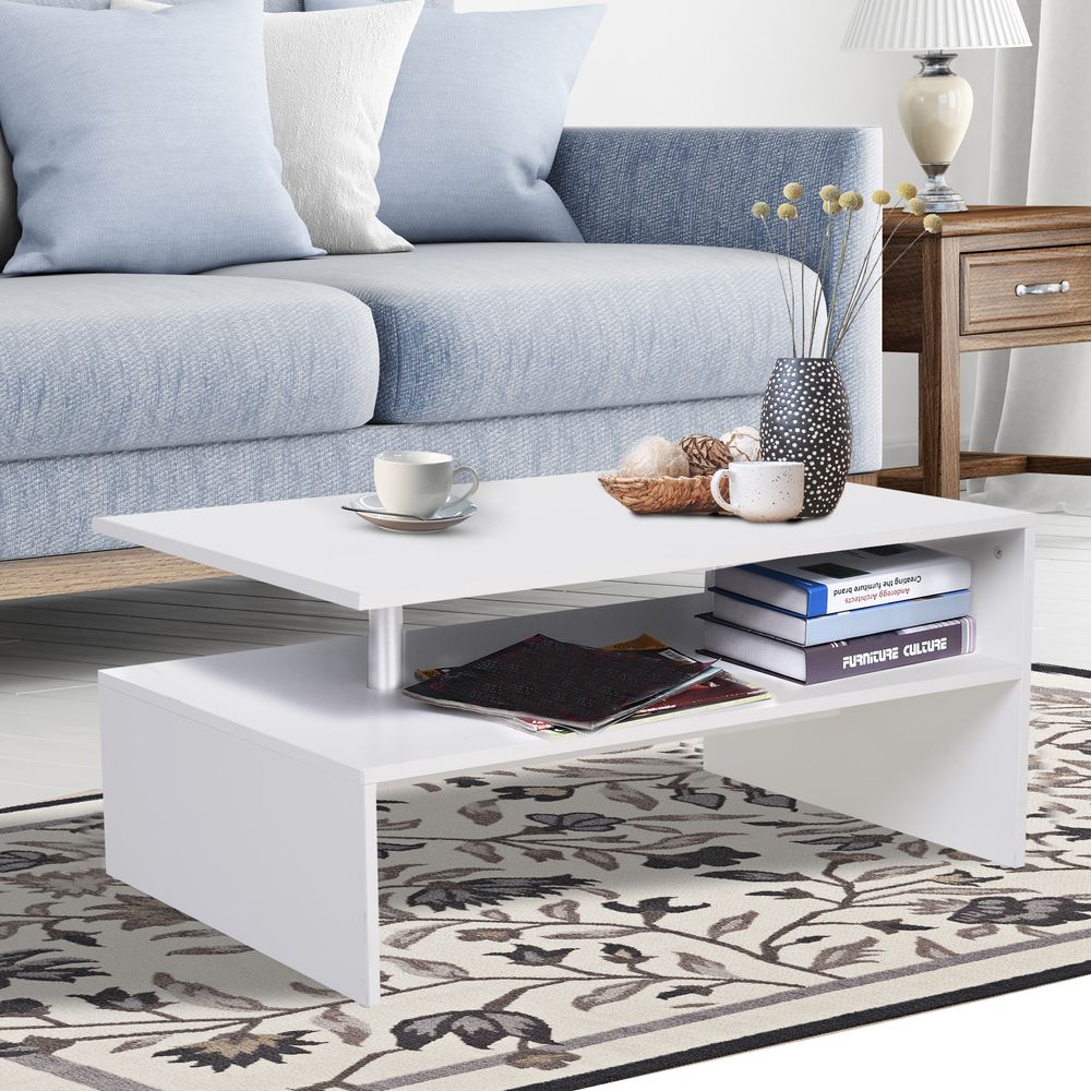 2-Tier Coffee Table Side/End Table Modern Rectangular Design White