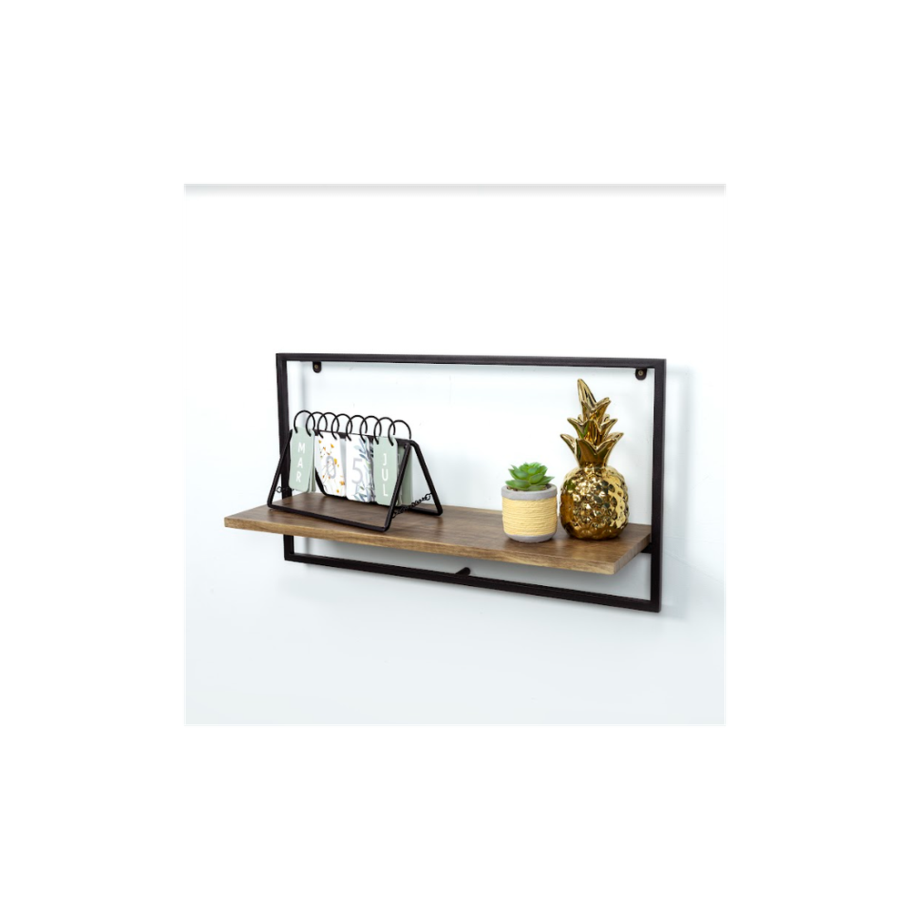 Wide Dark OAK Floating Wall Shelf with Black Frame - PARGI