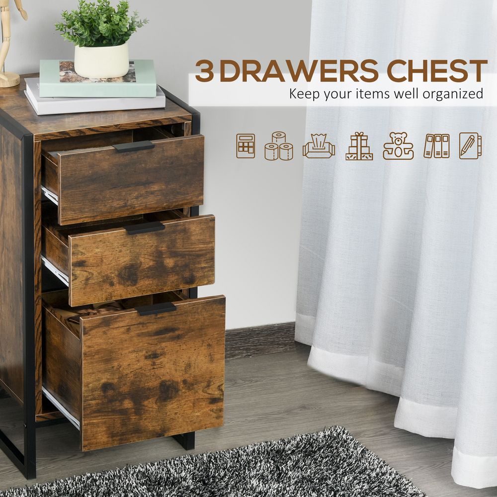 Industrial 3-Drawer Storage Chest Metal Frame Freestanding Unit Brown