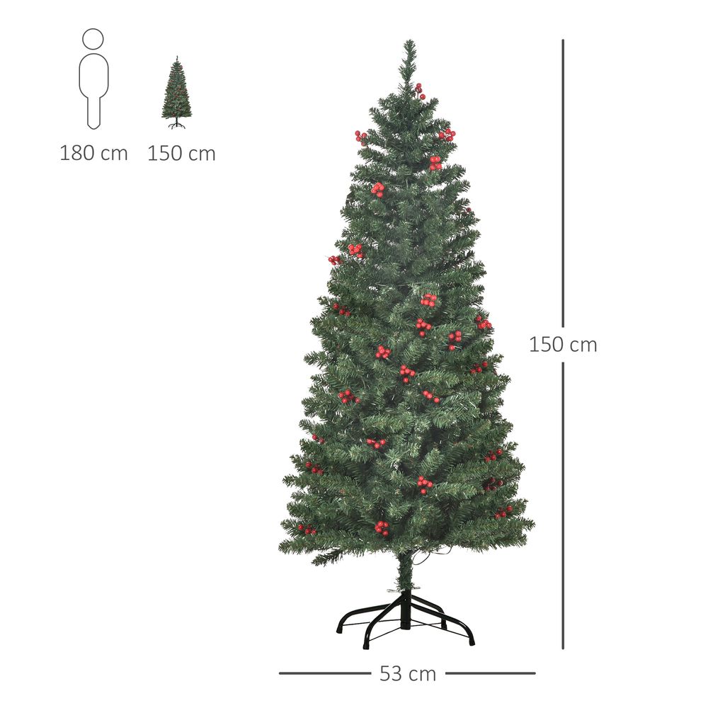 5FT Prelit Artificial Pencil Christmas Tree Warm White LED Red Berry Green